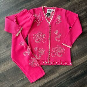 NWT Storybook Knits Set Henna Floral Pink ButtonUp Cardigan Pull On Pants Sz Med